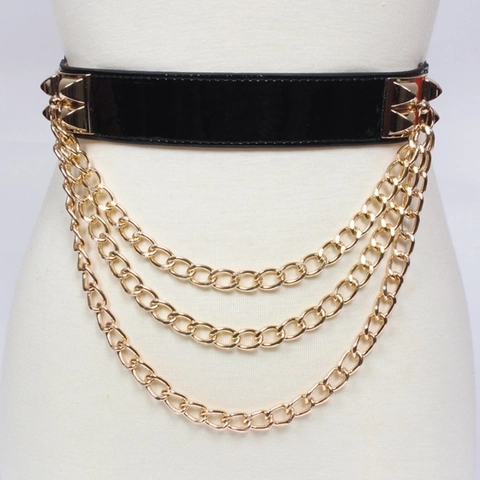 Damen Breiter Korsettgürtel Elastisch Kunstleder Punk Nieten Dreifache Goldene Metallketten Mode Taillengürtel Für Kleider