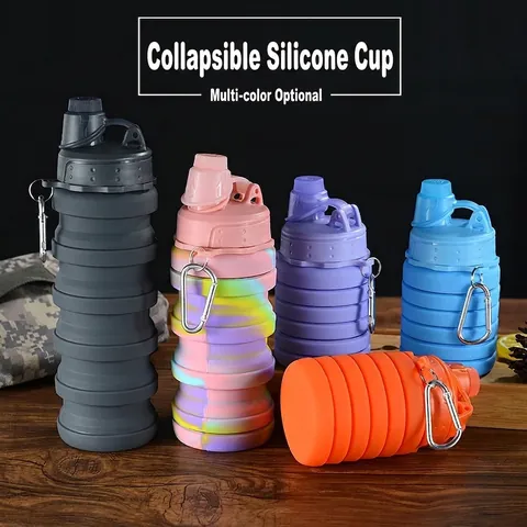 Collapsible Silicone Water Bottle BPA Free Foldable Sports Travel Portable Leakproof With Carabiner