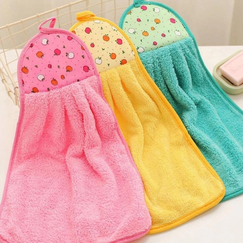 Hanging Hand Towels Soft Coral Fleece Highly Absorbent Kitchen Bathroom Microfiber Cartoon Fruit Apple Print