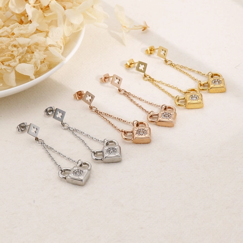 Roestvrijstalen Slot Hangende Oorbellen Voor Dames Koreaanse Stijl Lange Ketting Zirkoon Inleg Kruis Mode Sieraden