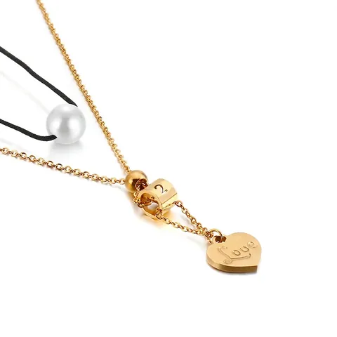 Doppelschichtige Halskette Edelstahl Kunststoffperle Herzanhänger Love Gravur Nummer Anhänger Modeschmuck Für Damen