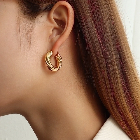 Chunky Twisted Hoop Earrings Stainless Steel 18K Gold Plated Geometric Cable Fashion Jewelry For Women