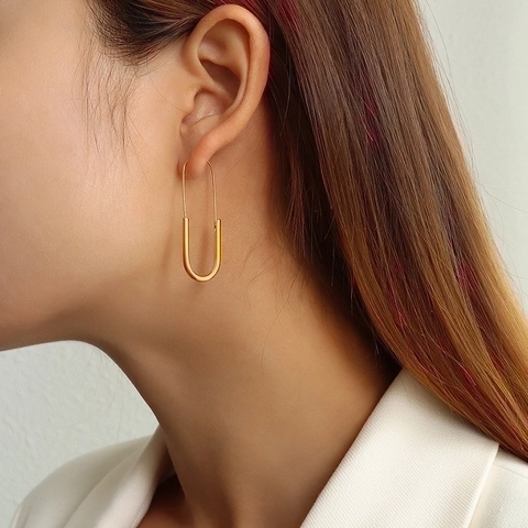 Minimalist Paperclip U-Shaped Dangle Earrings 18K Gold Plated Titanium Steel Geometric Long Drop Jewelry For Women
