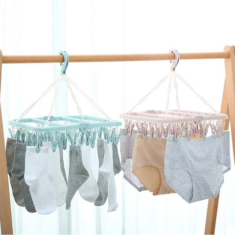 Plastic Folding Drying Rack Hanger With Multiple Clips Windproof Rotating Hook For Socks Underwear Laundry Accessories