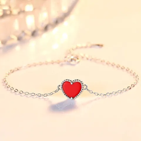 Bracciale in Argento Sterling 925 Con Cuore Rosso per Donna Bracciale Pendente a Cuore Minimalista in Smalto Con Bordo Perlinato