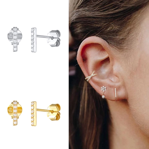 Minimalist Bar Stud Earrings 925 Sterling Silver Vertical Geometric Line With Zircon Inlaid Jewelry For Women Fashion