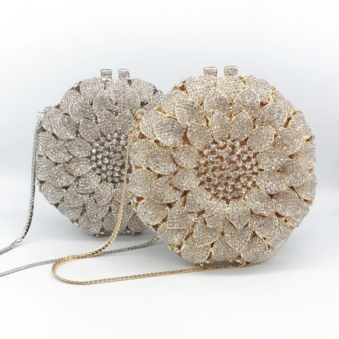 Luxus Sonnenblume Strass Abendclutch Tasche Für Damen Rund Ausgehöhlte Metall Handtasche Für Hochzeit Party Bankett