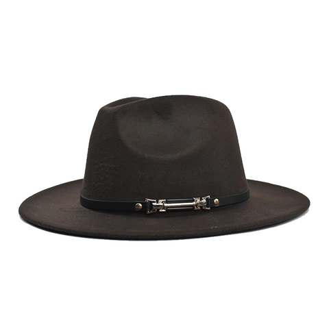 Vintage Woolen Felt Fedora Hat With Wide Flat Brim And Decorative Leather Belt Metal Buckle Solid Color For Men Women