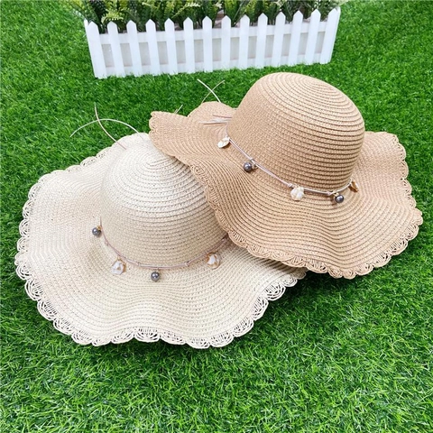 Women Straw Sun Hat Large Wide Brim Wavy Scalloped Edge With Shell Artificial Pearl Decorations Beach Holiday UV Protection Foldable