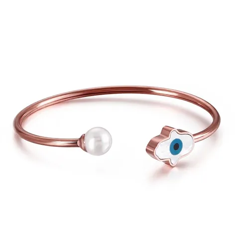 Brazalete Abierto Mano De Fátima Ojo Turco Acero Inoxidable Perla Artificial De Concha Joyería De Moda Para Mujer