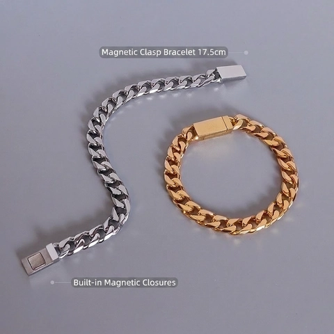 Bracciale A Catena A Maglia Cubana In Acciaio Al Titanio Placcato Oro 18K Con Chiusura Magnetica Per Uomo Donna Unisex Minimalista