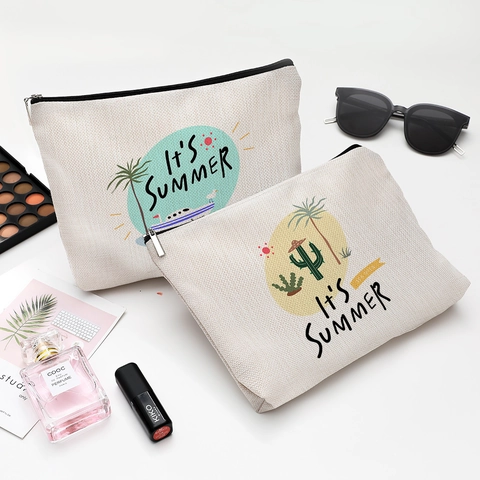 Wasserdichte Baumwolle Leinen Kosmetiktasche Sommer Urlaub Druck Reise Kulturbeutel Reißverschluss Organizer Beige