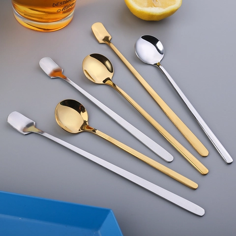 Cucchiai Mescolatori In Acciaio Inossidabile Manico Lungo Cucchiaio Rotondo Testa Quadrata Per Caffè Tè Dessert Gelato