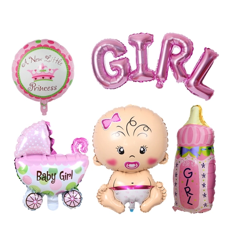 Set di 5 Palloncini in Alluminio per il Compleanno del Bambino Decorazioni per la Festa del 1° Compleanno Bambino Blu Bambina Rosa Con Forme di Passeggino Biberon Articoli per Baby Shower