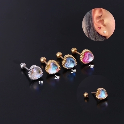 Heart Moonstone Stud Earrings Stainless Steel Screw Back Iridescent Piercing Jewelry For Women