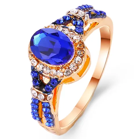 Elegant Blue Zircon Ring Alloy Oval Stone Halo Vintage Luxury Jewelry For Women Wedding Engagement Anniversary