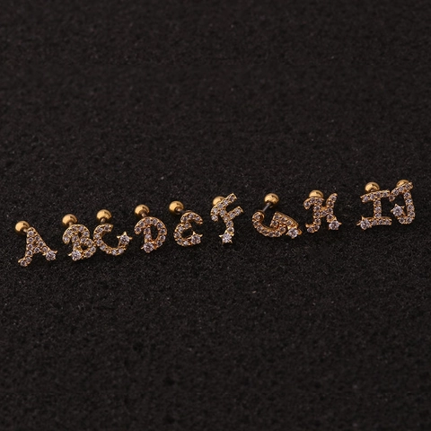 Clou D'oreille Cartilage Lettres Initiales Acier Inoxydable Vis Boule Arrière Zircon Micro Pavé Piercing Pour Femme
