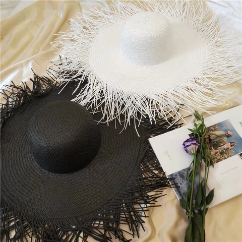 Women's Wide Brim Straw Sun Hat With Frayed Fringe Edge Hand Woven Paper Straw Beach Hat For Summer Vacation Sun Protection