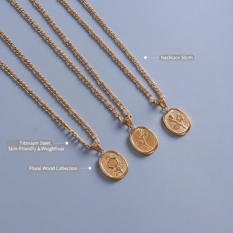 Vintage Gold Plated Stainless Steel Necklace With Oval Flower Relief Pendant And Figaro Chain For Women Fashion