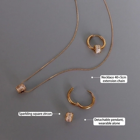 Elegante Collana E Orecchini In Acciaio Al Titanio Da Donna Pendente Cilindrico Strass Placcato Oro 18K Lusso
