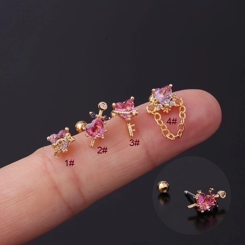 Heart Tragus Stud Earrings Stainless Steel Bar Copper Cubic Zirconia Cartilage Piercing Screw Ball Back Arrow Key Fashion Jewelry
