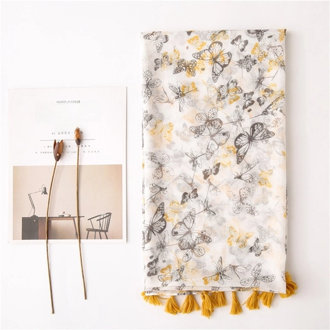 Women Butterfly Print Scarf Shawl Lightweight Polyester Cotton Linen Feel Elegant Large Wrap With Yellow Tassels