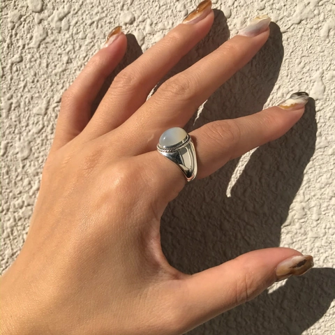 925 Sterling Silver Ring White Agate Oval Gemstone Beaded Edge Adjustable Open Band Vintage French Style Jewelry For Women