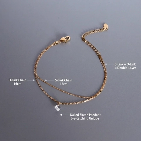 Zweilagiges Titanstahl Armband Mit Rundem Zirkonia Anhänger 18K Vergoldet Schlangenkette Verstellbarer Schmuck Damen