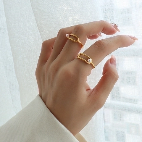 Minimalist U-Shape Hollow Geometric Ring Titanium Steel 18K Gold Plated Faux Artificial Pearl Adjustable Finger Jewelry For Women