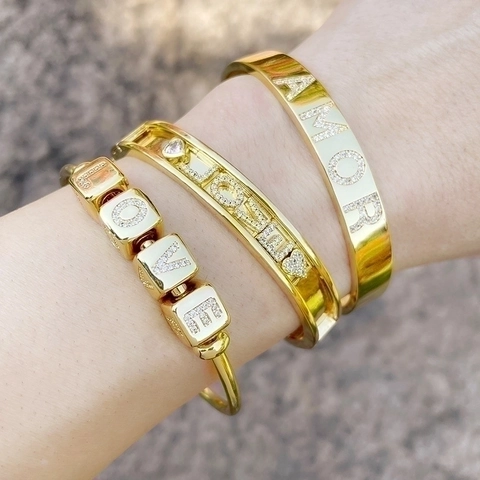 Bangle Bracelet With Alphabet Initial Letter Cubic Zirconia Pave Copper Gold Plated DIY Minimalist Jewelry For Women
