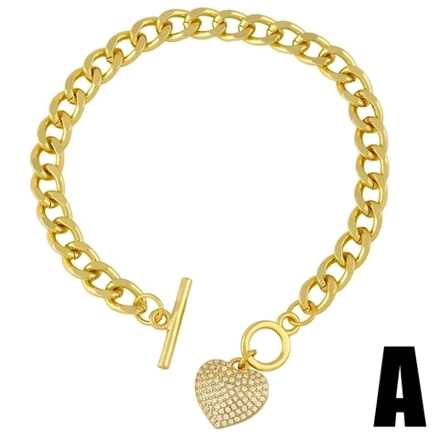 Cuban Link Chain Bracelet Copper 18K Gold Plated Pave Zirconia Heart Bee Toggle Clasp Hip Hop Jewelry For Women