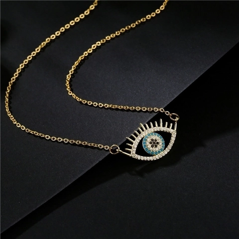 Collana Con Ciondolo Malocchio Rame Micro Zirconia Design Ciglia Moda Gioielli Boho Per Donna Blu Oro