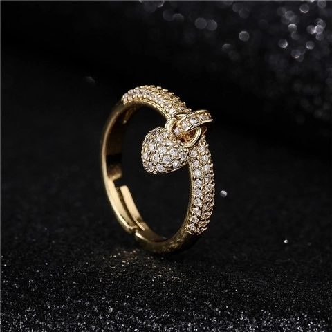Anillo Abierto Con Colgante De Corazón De Cobre Chapado En Oro De 18K Para Mujer Micro Pavé Circonita Joyería Sencilla Ajustable