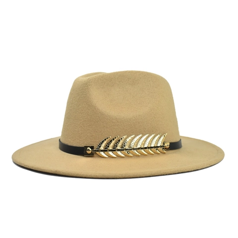 Wide Brim Woolen Felt Fedora Hat With Metal Leaf Buckle Retro Jazz Panama Style For Men Women Solid Color