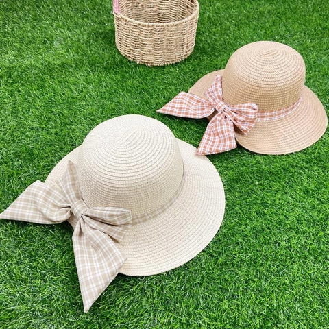 Women Straw Sun Hat Wide Brim Plaid Bow Ribbon Summer Beach Travel Pastoral Style Breathable Foldable