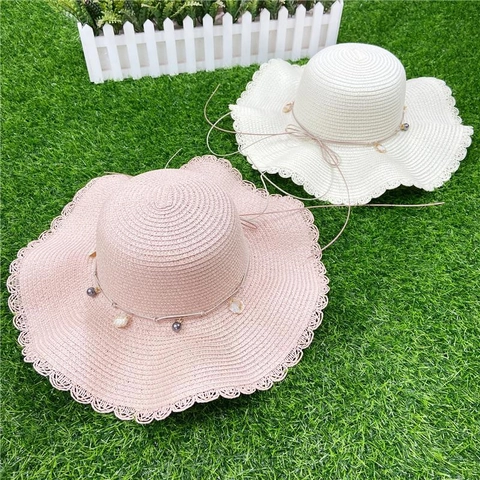 Women Straw Sun Hat Large Wide Brim Wavy Scalloped Edge With Shell Artificial Pearl Decorations Beach Holiday UV Protection Foldable