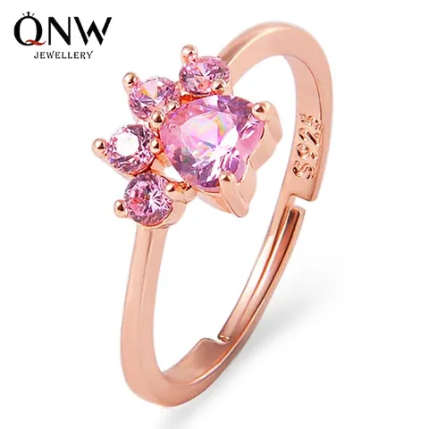 Katzenpfote Offener Verstellbarer Ring Für Frauen Kupferlegierung Herz Rosa Zirkonia Hohl Fußabdruck Süßer Schmuck