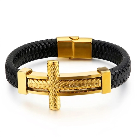 Bracciale Uomo Pelle Intrecciata Acciaio Inossidabile Croce Stile Punk Moda Polsino Con Chiusura Magnetica