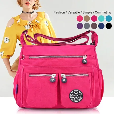Women Waterproof Nylon Shoulder Bag Multi Pocket Large Capacity Casual Messenger Crossbody Bag Adjustable Strap