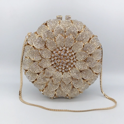 Luxus Sonnenblume Strass Abendclutch Tasche Für Damen Rund Ausgehöhlte Metall Handtasche Für Hochzeit Party Bankett