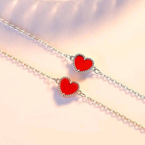 Bracciale in Argento Sterling 925 Con Cuore Rosso per Donna Bracciale Pendente a Cuore Minimalista in Smalto Con Bordo Perlinato