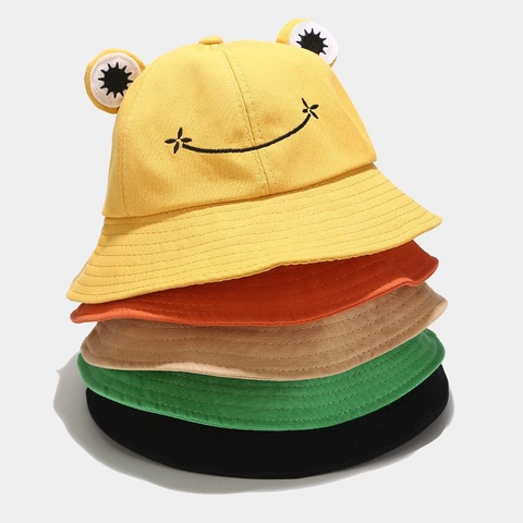 Cappello Da Pescatore Rana Cartone Animato Tela Cotone Simpatici Occhi 3D Protezione Solare Per Donne Bambini