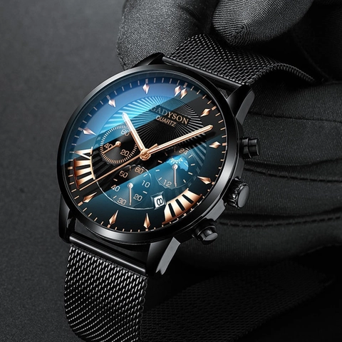 Men Quartz Watch Calendar Luminous Roman Numerals Alloy Case Business Casual Mesh Strap Classic Fashion Analog Wrist