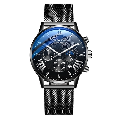 Men Quartz Watch Calendar Luminous Roman Numerals Alloy Case Business Casual Mesh Strap Classic Fashion Analog Wrist