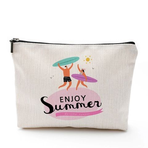 Wasserdichte Baumwolle Leinen Kosmetiktasche Sommer Urlaub Druck Reise Kulturbeutel Reißverschluss Organizer Beige