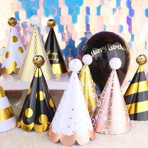 Sombrero De Fiesta De Cumpleaños Cono De Papel Con Pompón Colorido Estampado Dorado Puntos Rayas Decoración Festiva
