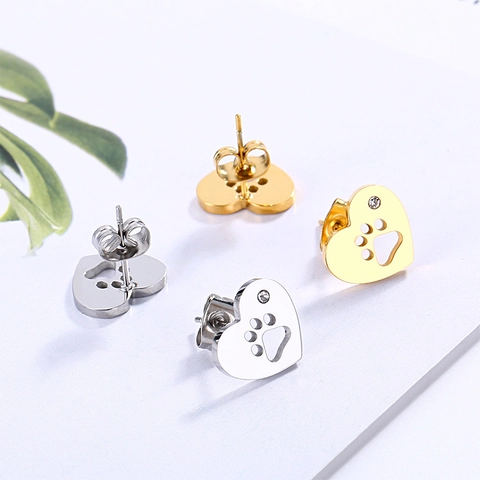 Stainless Steel Heart Stud Earrings Hollow Paw Print Design With Cubic Zirconia Polished Fashion Jewelry For Women
