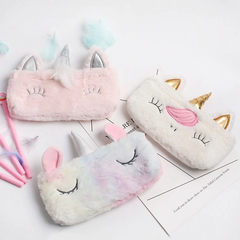 Plush Unicorn Pencil Case Makeup Bag Soft Fluffy Polyester Stationery Storage Pouch For School Students Girls