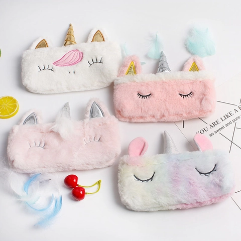 Plush Unicorn Pencil Case Makeup Bag Soft Fluffy Polyester Stationery Storage Pouch For School Students Girls