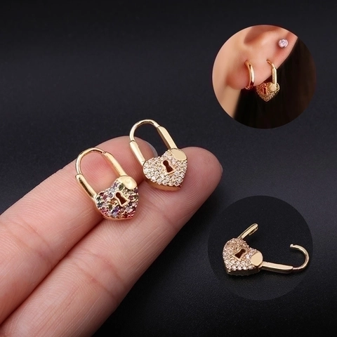 Heart Lock Huggie Earrings Gold Plated Brass Inlaid With Sparkling Zirconia Piercing Jewelry Novelty